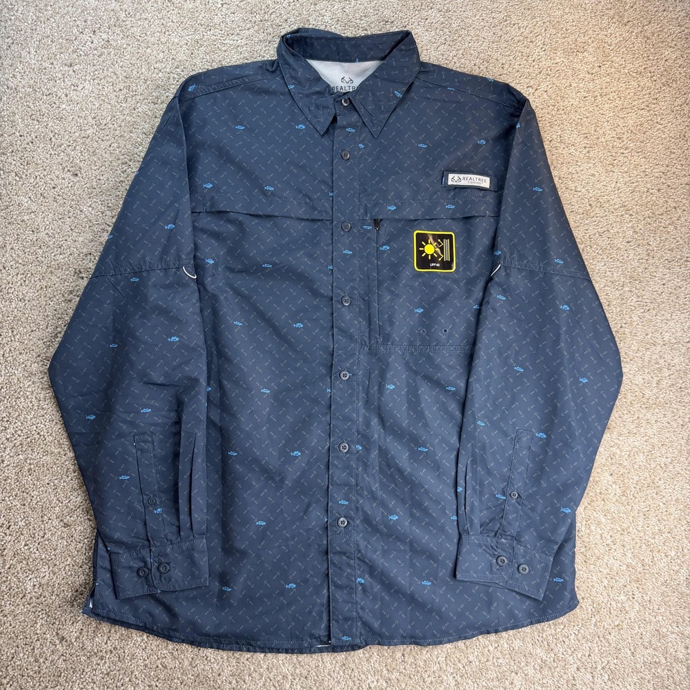 Realtree Fishing Shirt Mens Large Blue Geo Fish Print Long Sleeve Button Up UV